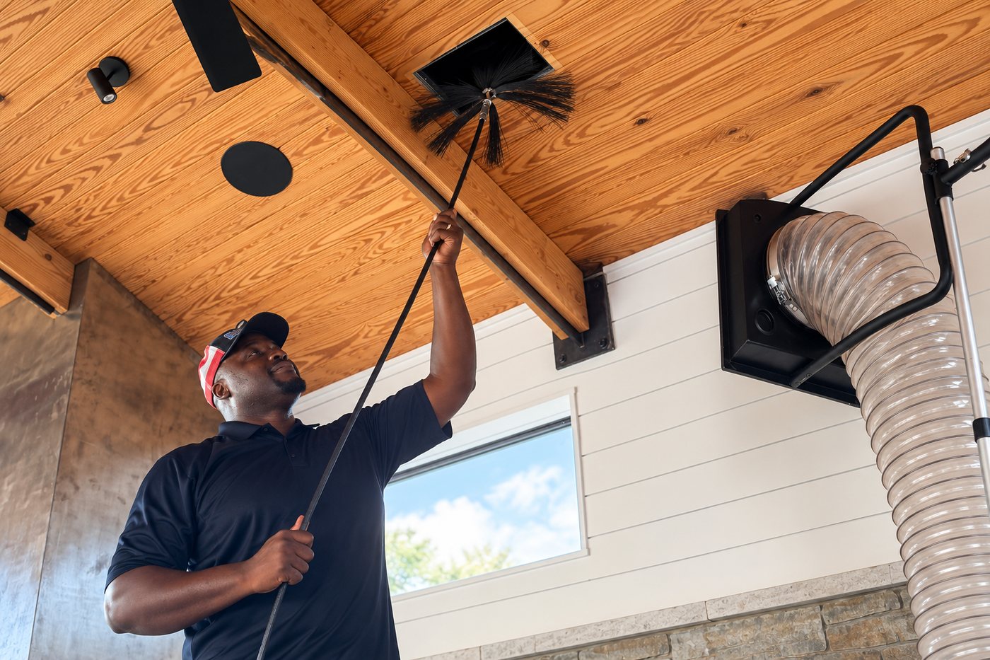 An Area Wide Services technician cleaning a ceiling air duct with a rotary brush