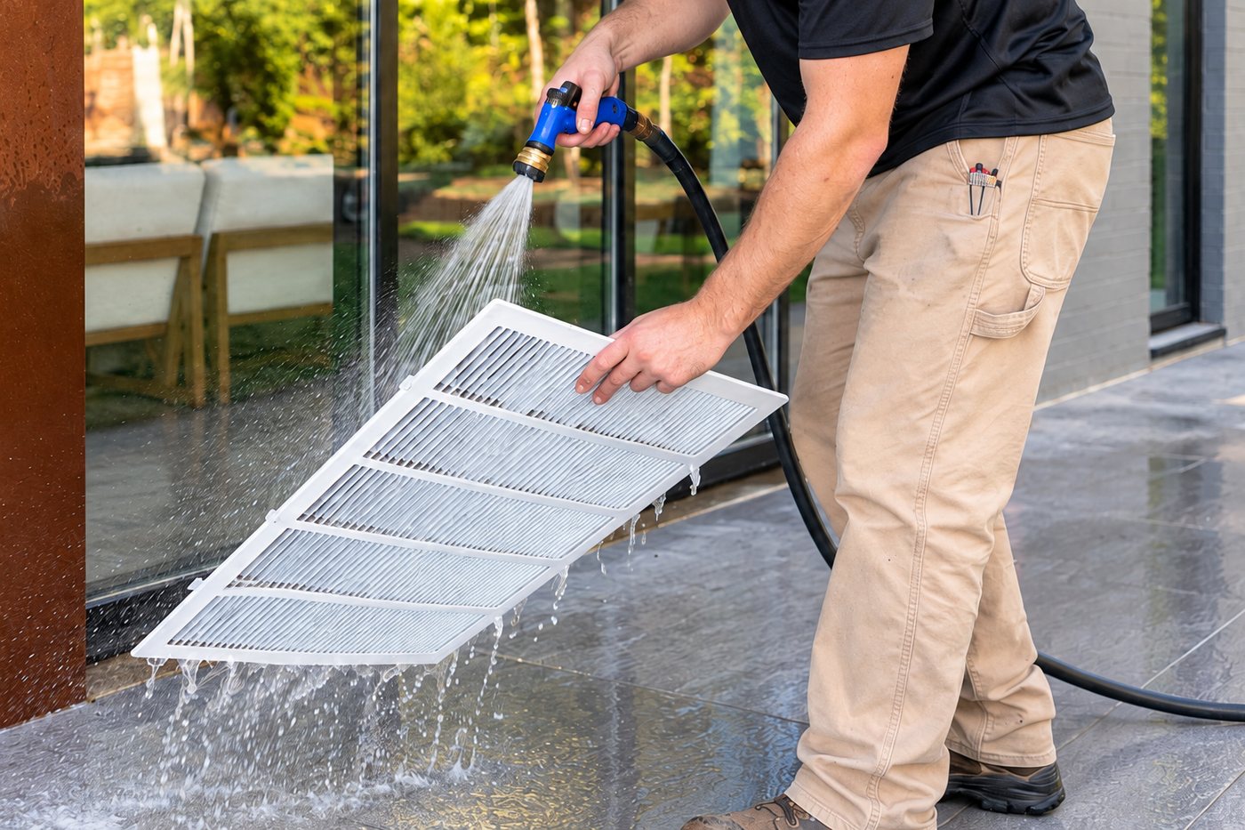 A technician rinsing a return-air grille with a garden hose outside a home